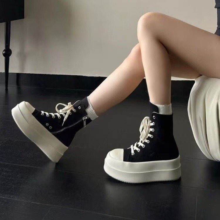 高帮帆布鞋女2025夏秋新款厚底增高系带短靴子小众松糕学生板鞋潮