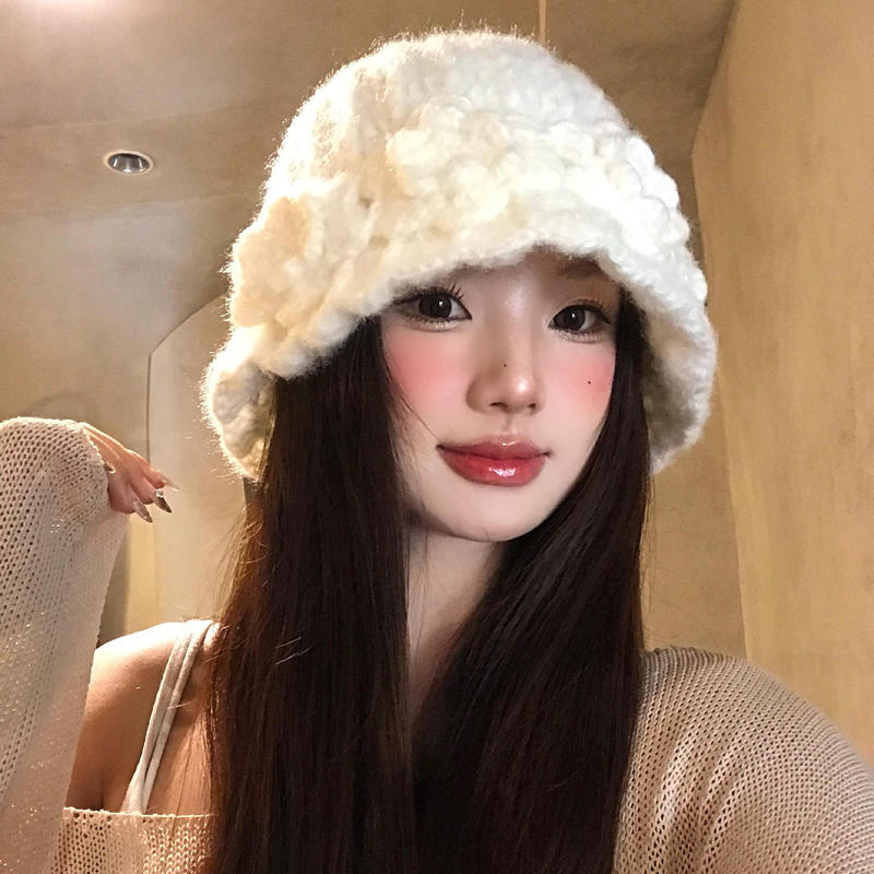 白色花朵针织渔夫帽女秋冬季保暖高级感盆帽大头围显脸小毛线帽子