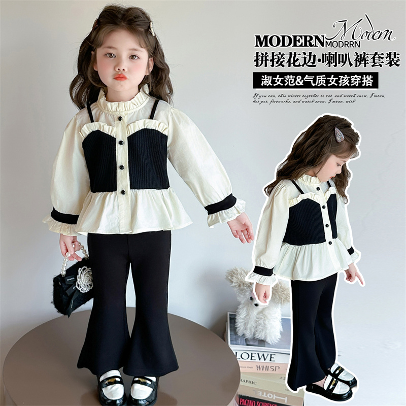 女童小香风套装洋气儿童春秋季女宝宝花边衬衫喇叭裤两件套女孩潮