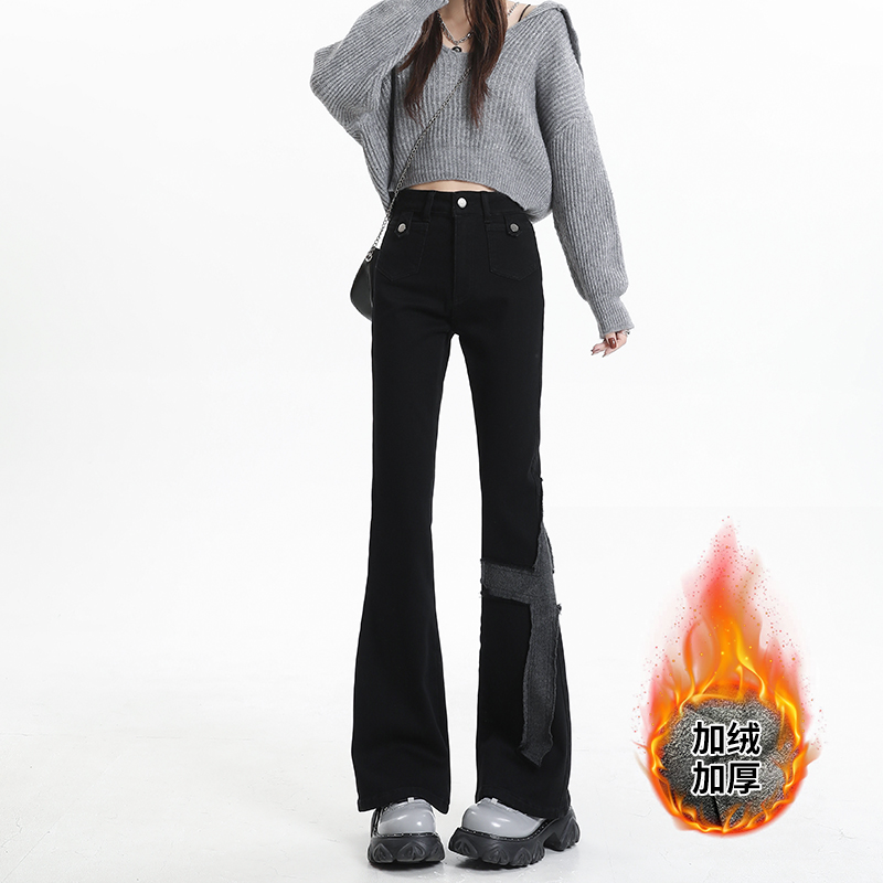 美式火山绒拼接微喇牛仔裤女黑色高腰设计感弹力修身辣妹马蹄裤子