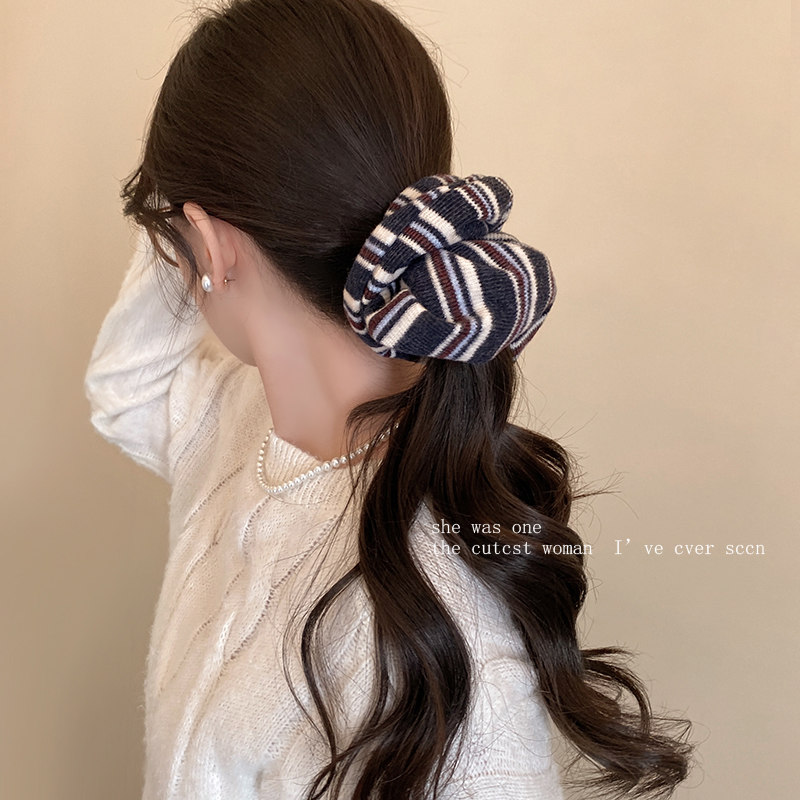 韩系温柔条纹毛线针织大肠发圈女高级感秋冬丸子头超大号头绳头饰