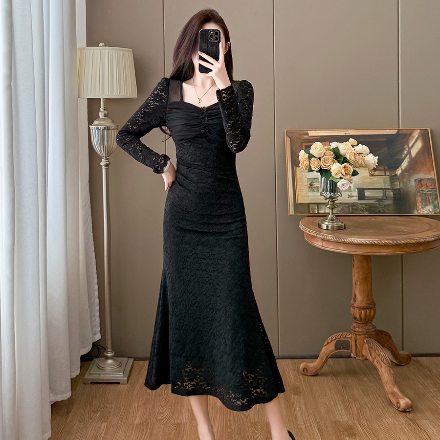 秋冬女装网纱拼接修身长袖连衣裙裙子法式时尚气质收腰显瘦小黑裙