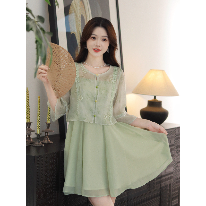 瑶西【清枝】夏印花巨好看短裙纱质刺绣外搭新中式连衣裙汉服两件套