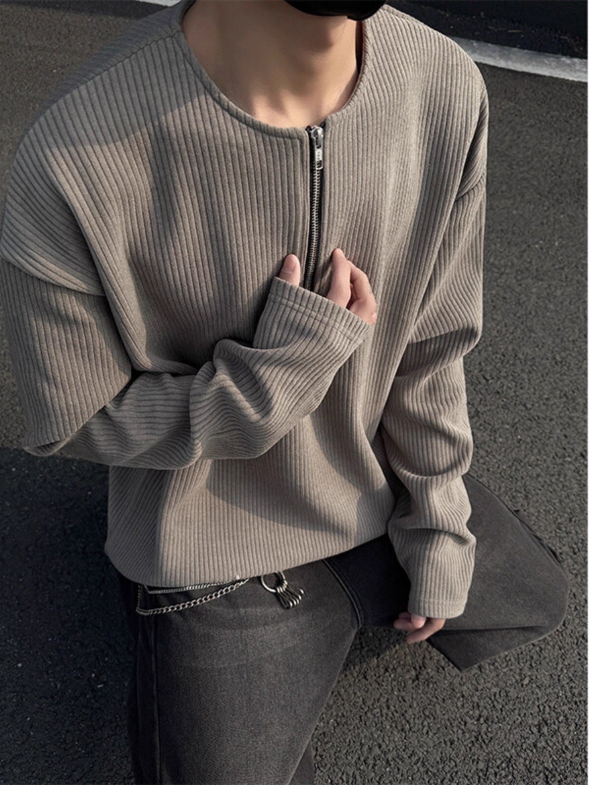 坑条肌理感半拉链卫衣男士2025春秋新款重磅长袖t恤潮牌宽松外套