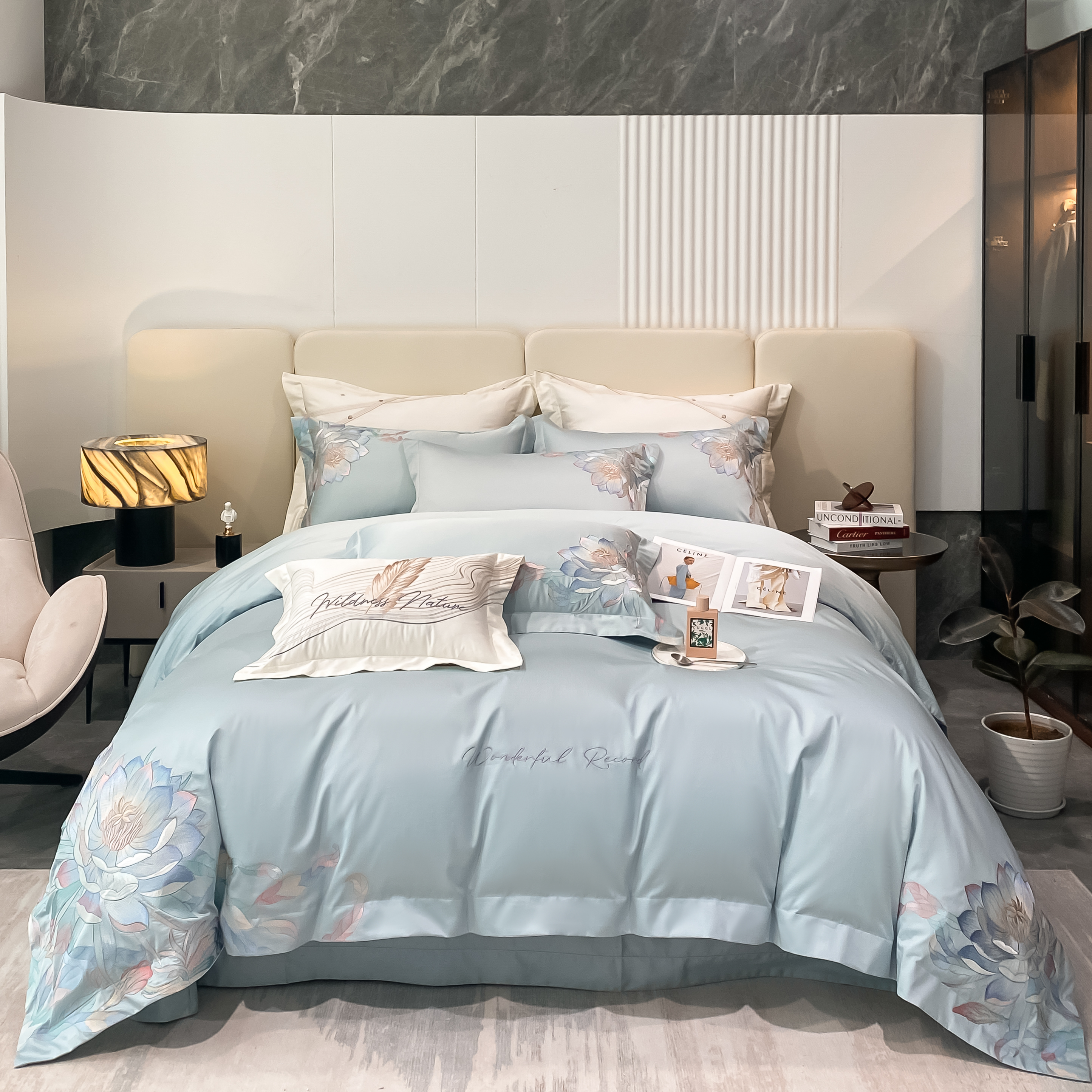 全棉新款100棉刺绣长绒棉设计师定制款轻奢四件套被套床上用品