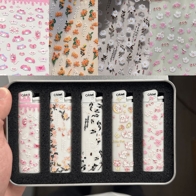 春日雏菊草蜢爆款DIY打火机贴纸清新美乐蒂山茶花美甲浮雕立体贴