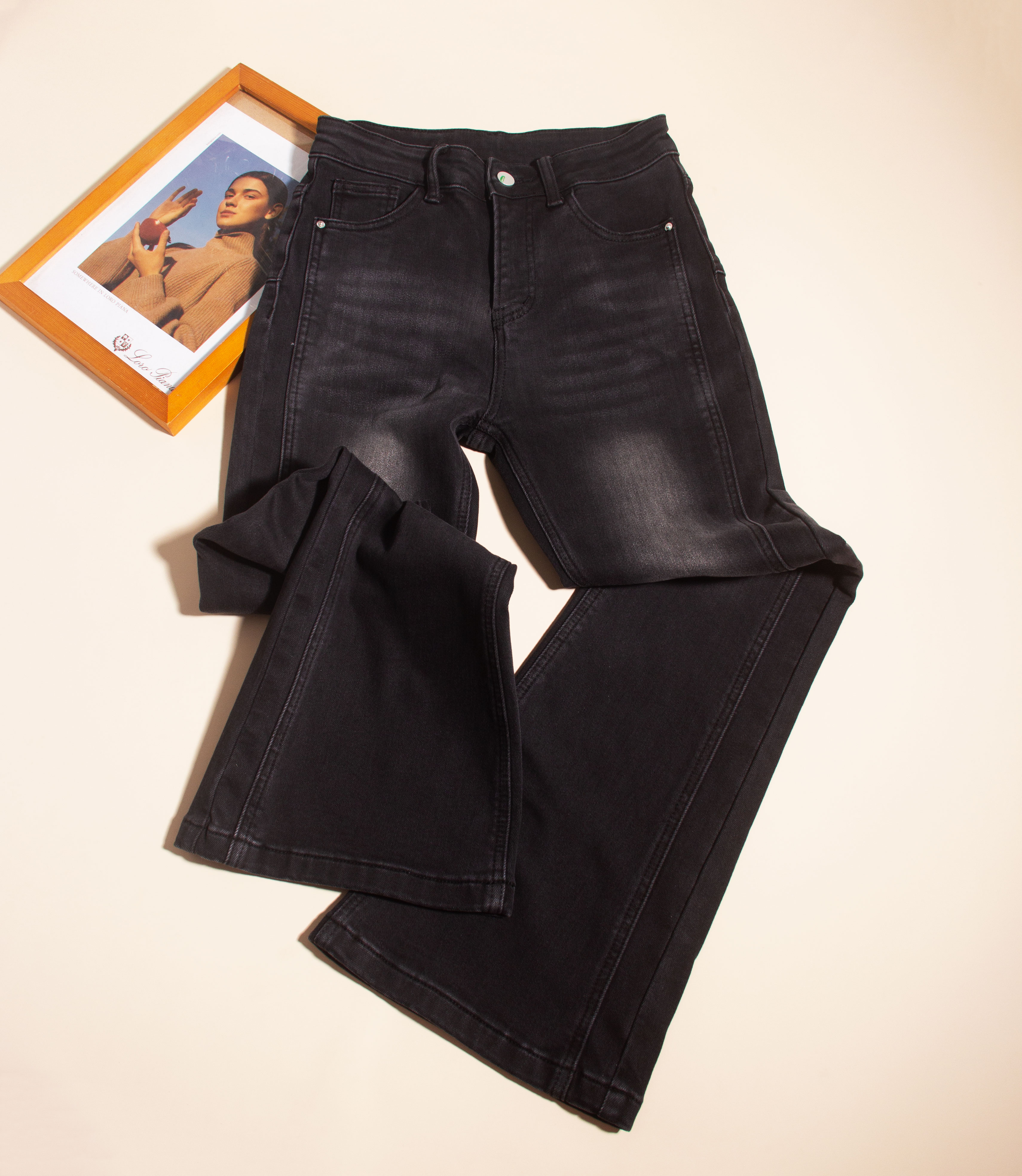 1603-植绒秋冬显瘦遮肉简约老钱提臀牛仔喇叭裤