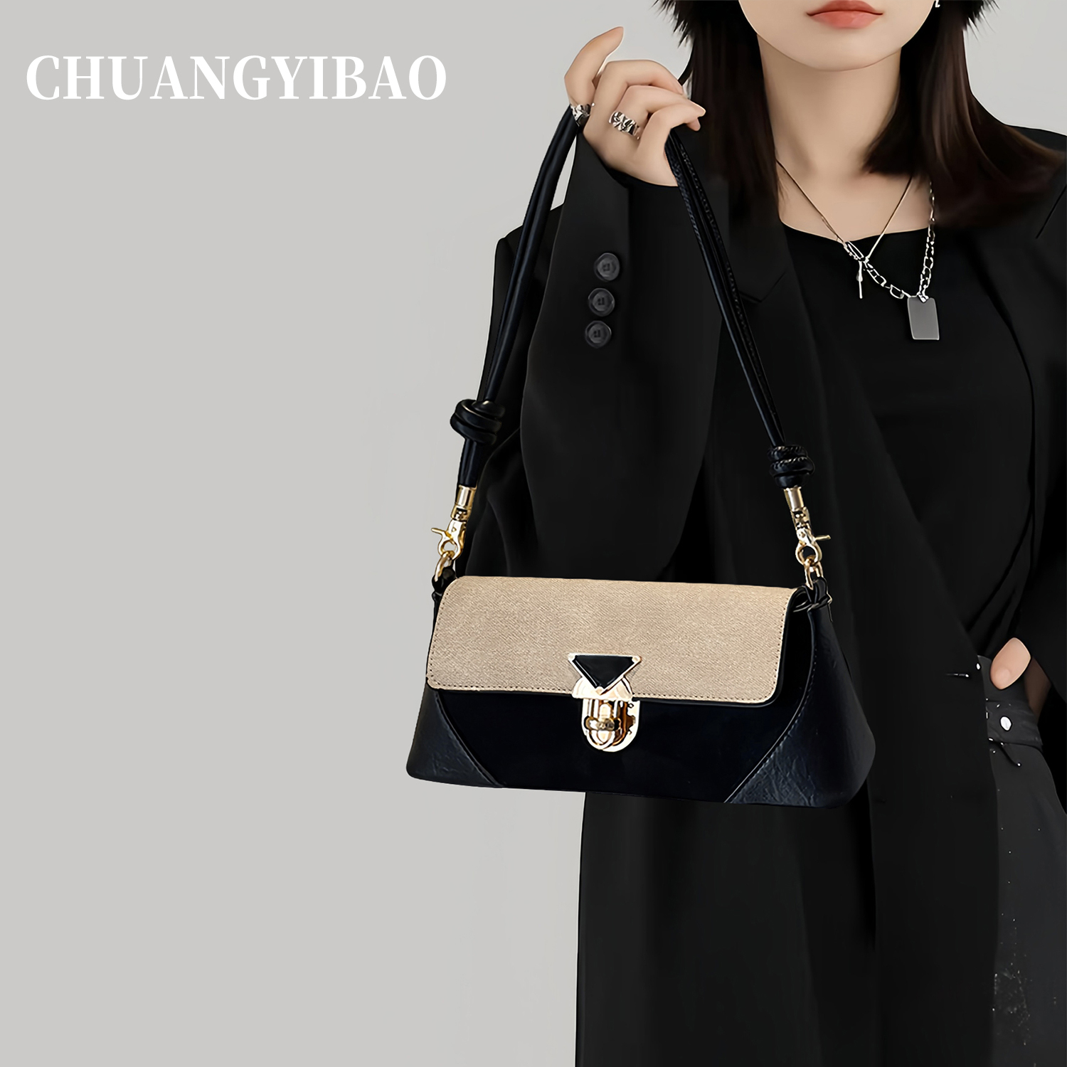 黑色腋下法棍包包女式2025新款秋冬高级感轻奢小众高端大气斜挎包