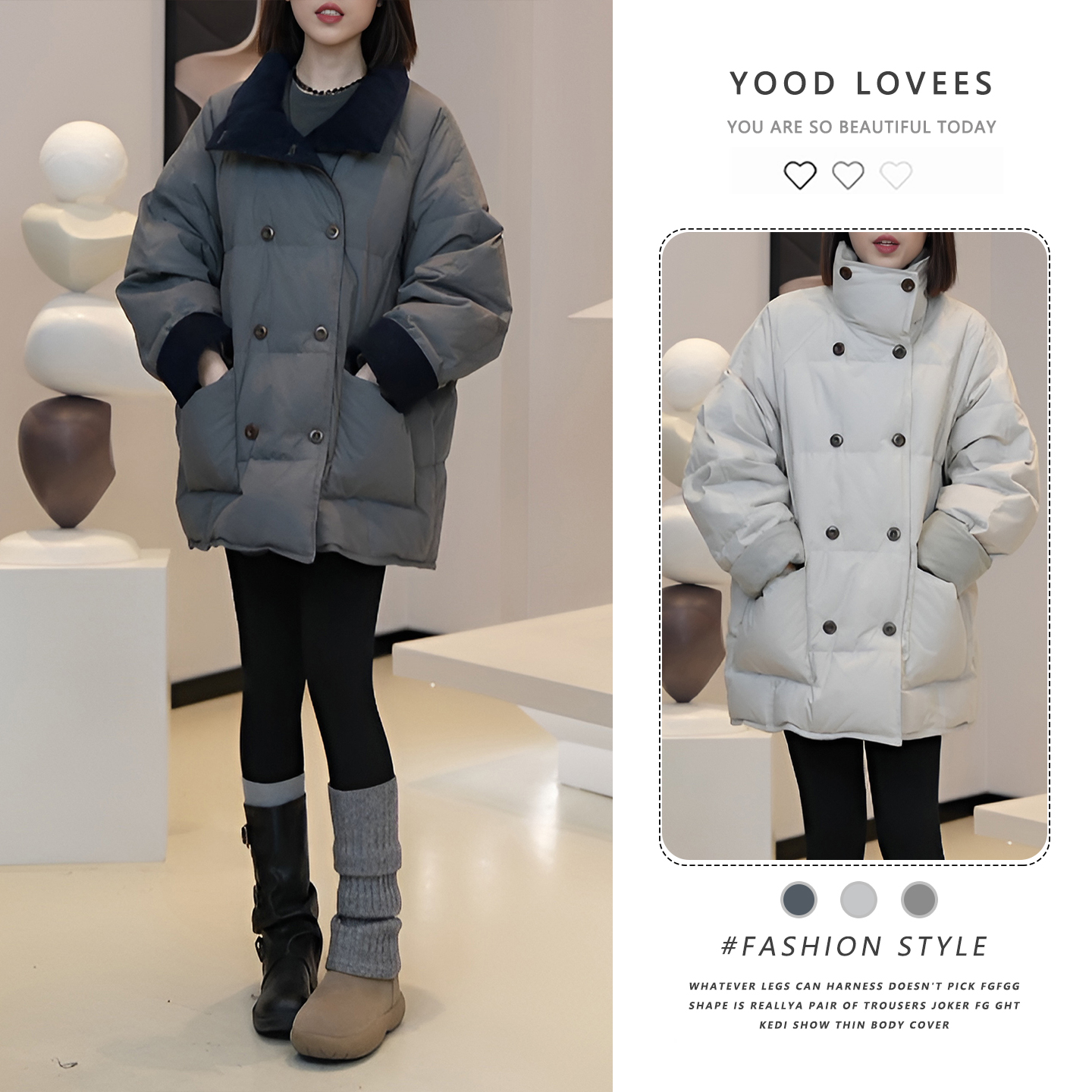 高端欧货冬新款今年流行的设计感拼接翻领双排扣加厚保暖棉服外套