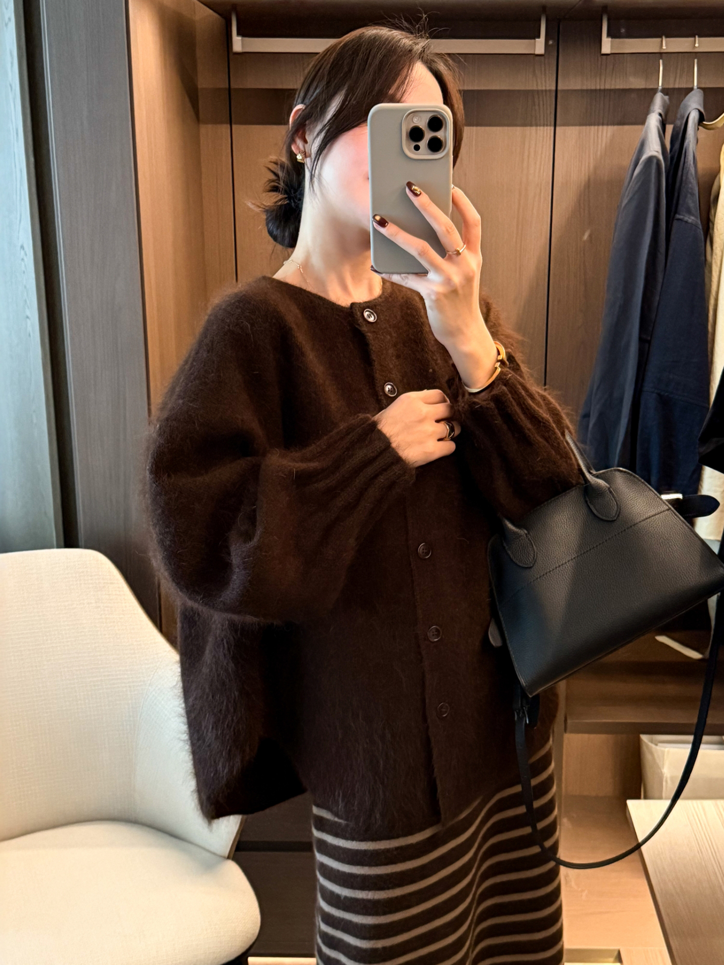 2025冬装新款花苞袖百搭针织开衫女撞色条纹半身裙两件套装