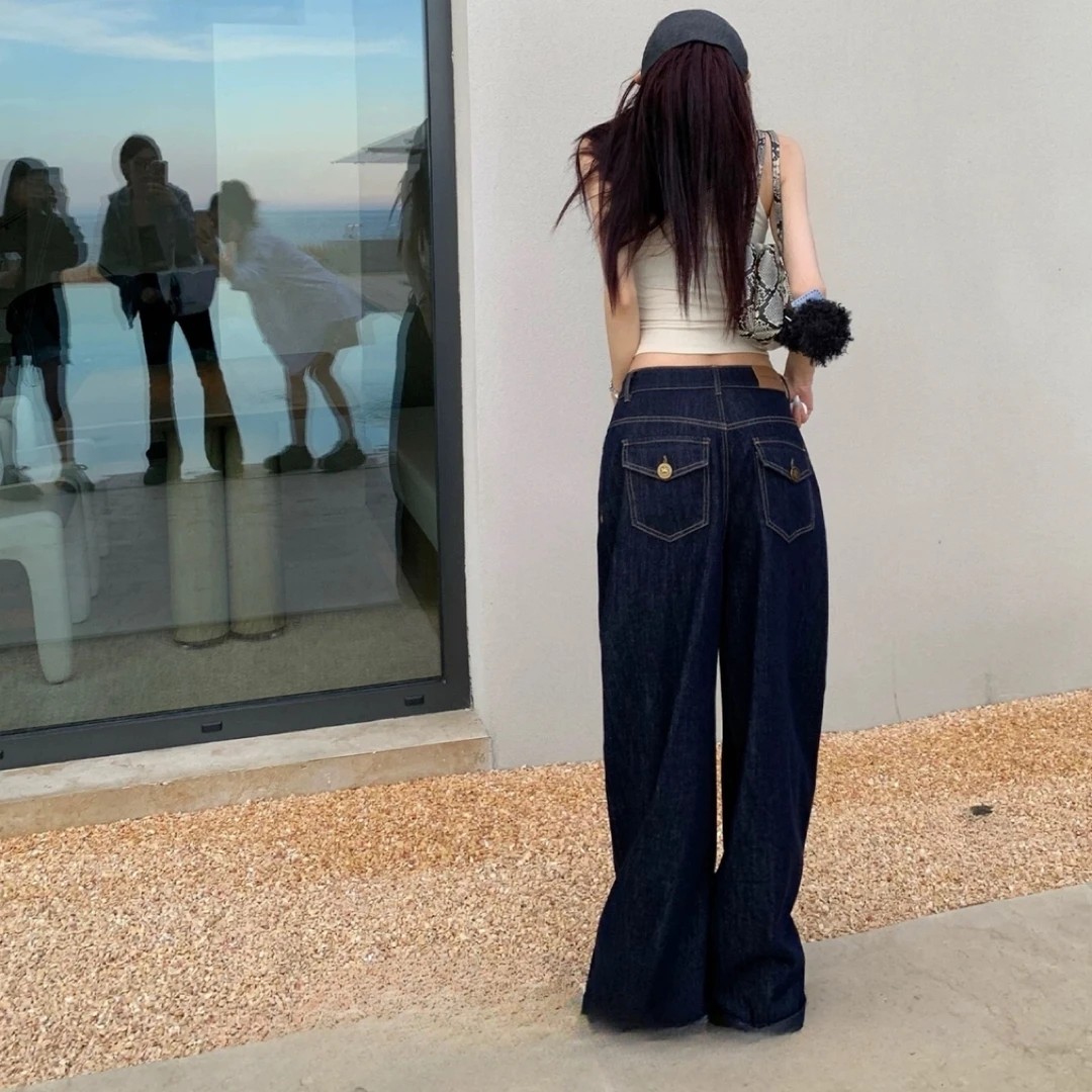 2025秋冬新款原色美式宽松垂感拖地裤深蓝高腰显瘦阔腿牛仔裤女