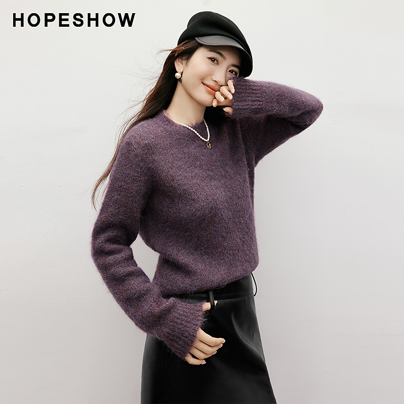 红袖2025冬新款女装 复古风紫色落肩长袖圆领套头毛衫90125450106