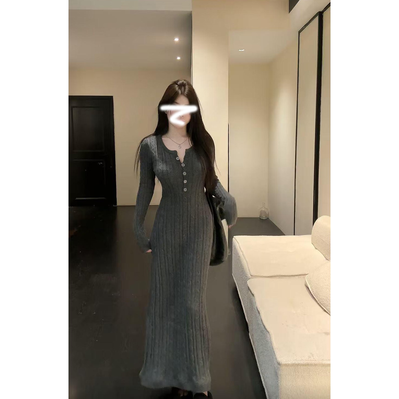 新咖长裙修身显瘦纯色慵懒风加厚粗纱线秋冬针织收腰长款连衣裙女