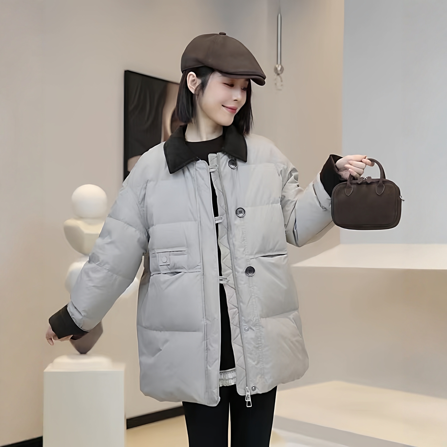 2025冬季新款韩版撞色翻领中长款棉服外套女宽松百搭保暖加厚棉袄