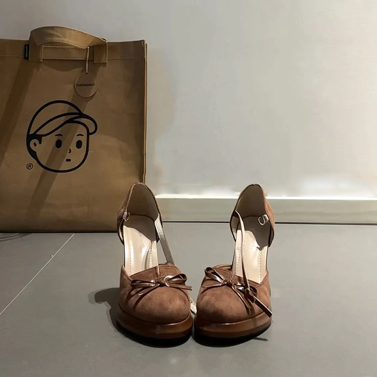 羊皮版~法式复古蝴蝶结浅口高跟玛丽珍鞋女百搭一字扣带粗跟单鞋