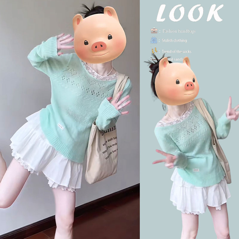 时尚穿搭一整套2025新款韩版减龄镂空针织衫上衣显瘦短裙两件套装