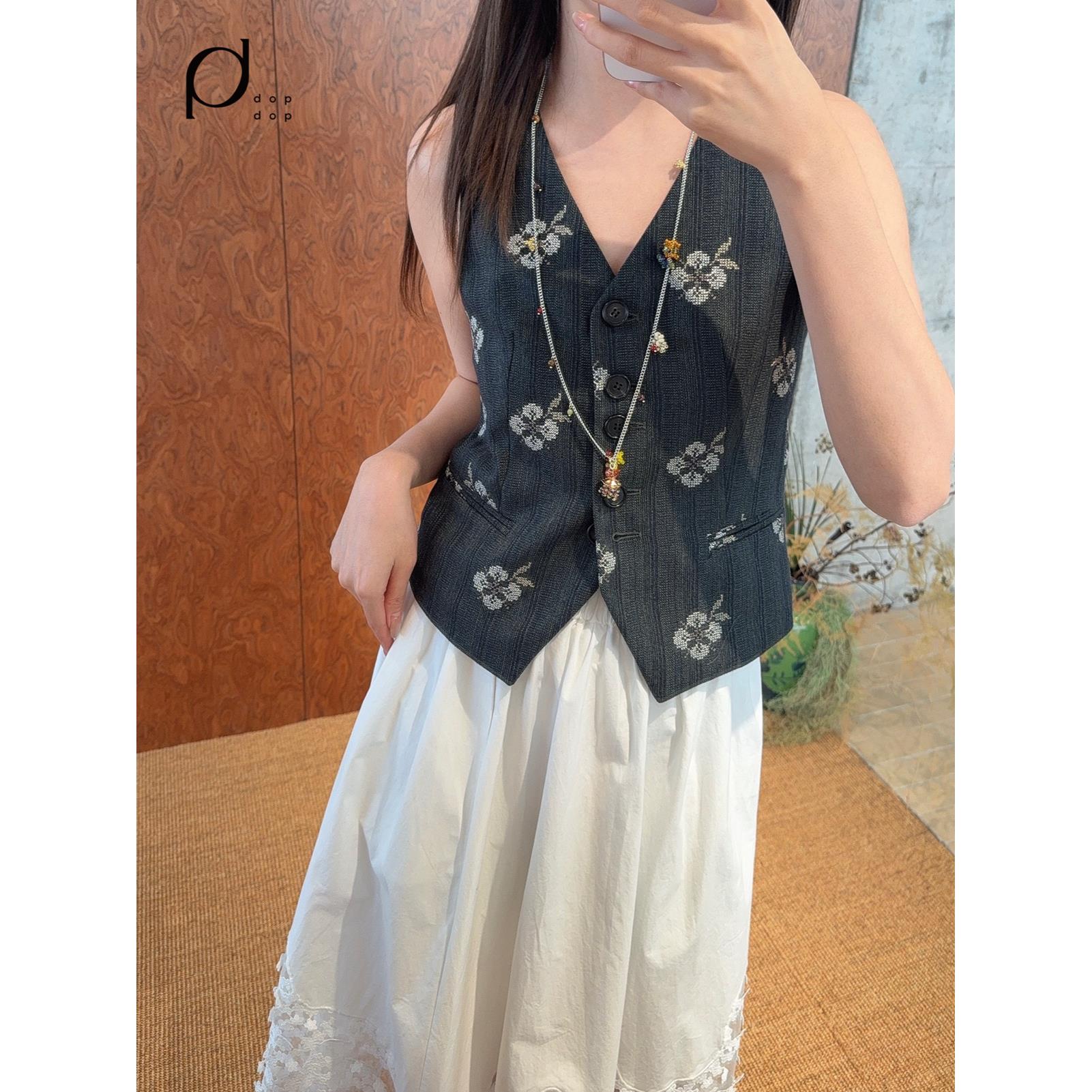 Vena Label2025秋复古V领刺绣提花无袖马甲女880dopdop买手店