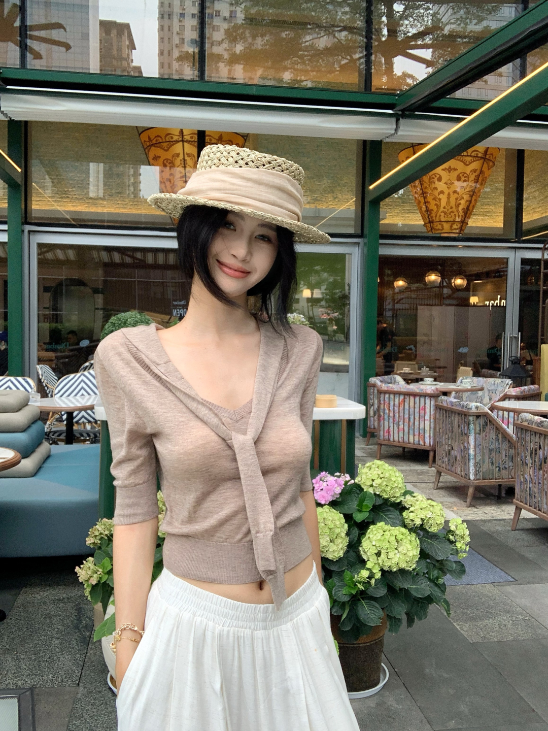 2025新款薄款修身收腰蝴蝶结披肩针织衫老钱风简约百搭上衣修身