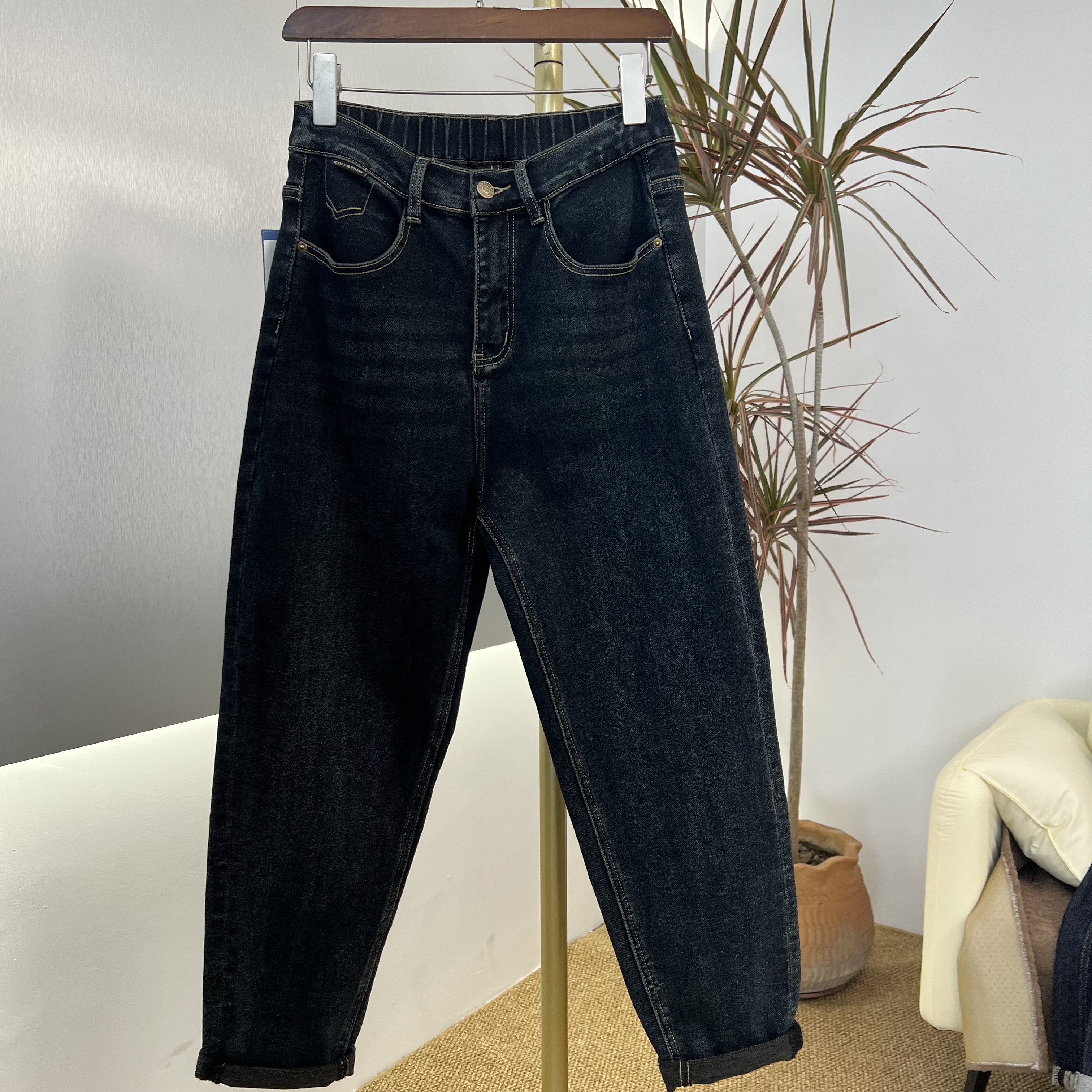 2025新款蓝灰毛巾底大码秋冬款弹力显瘦梨形老爹裤1021款牛仔高腰