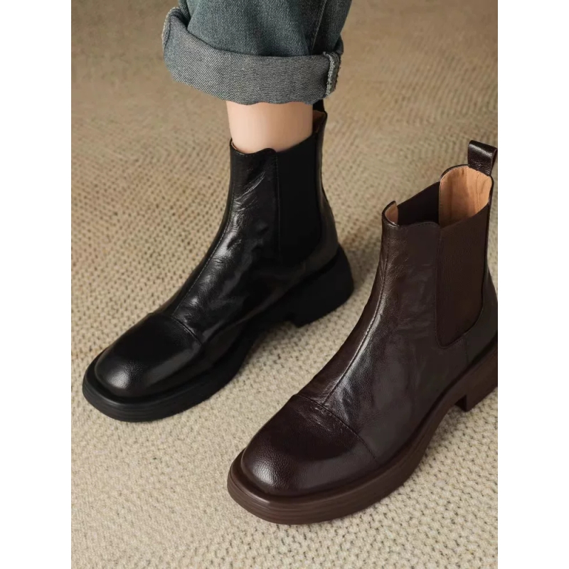 手工软羊皮切尔西靴加绒短靴2025秋冬新款真皮厚底英伦风马丁靴女