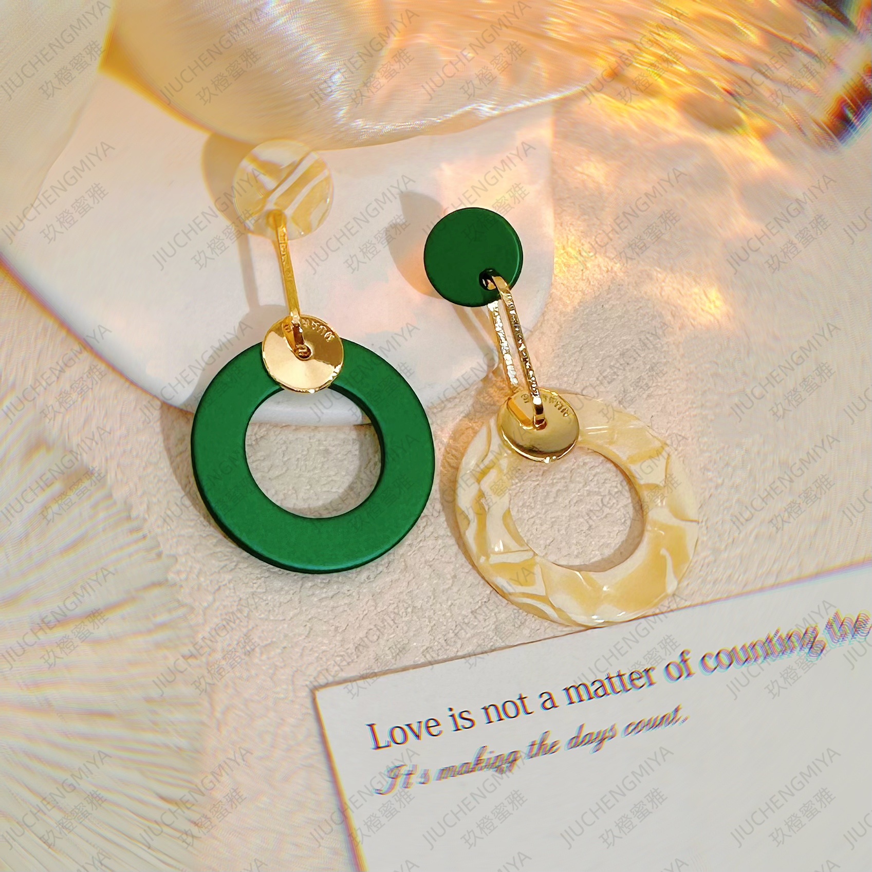 铜合金亚克力耳饰 画帷S925时尚气质几何绿色个性港风轻奢女耳环