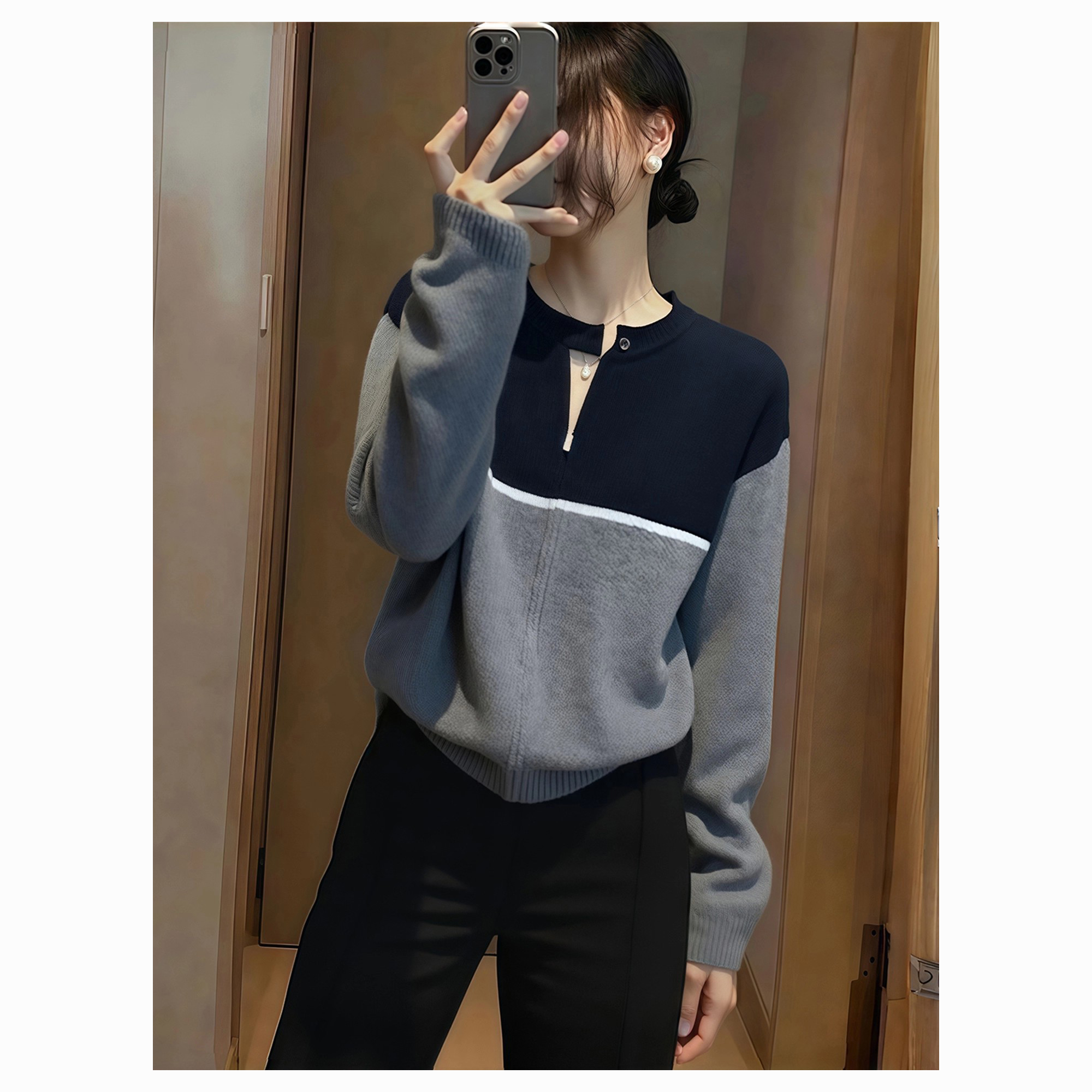 韩版气质高级感拼色长袖针织衫女秋冬新款洋气减龄百搭显瘦上衣潮