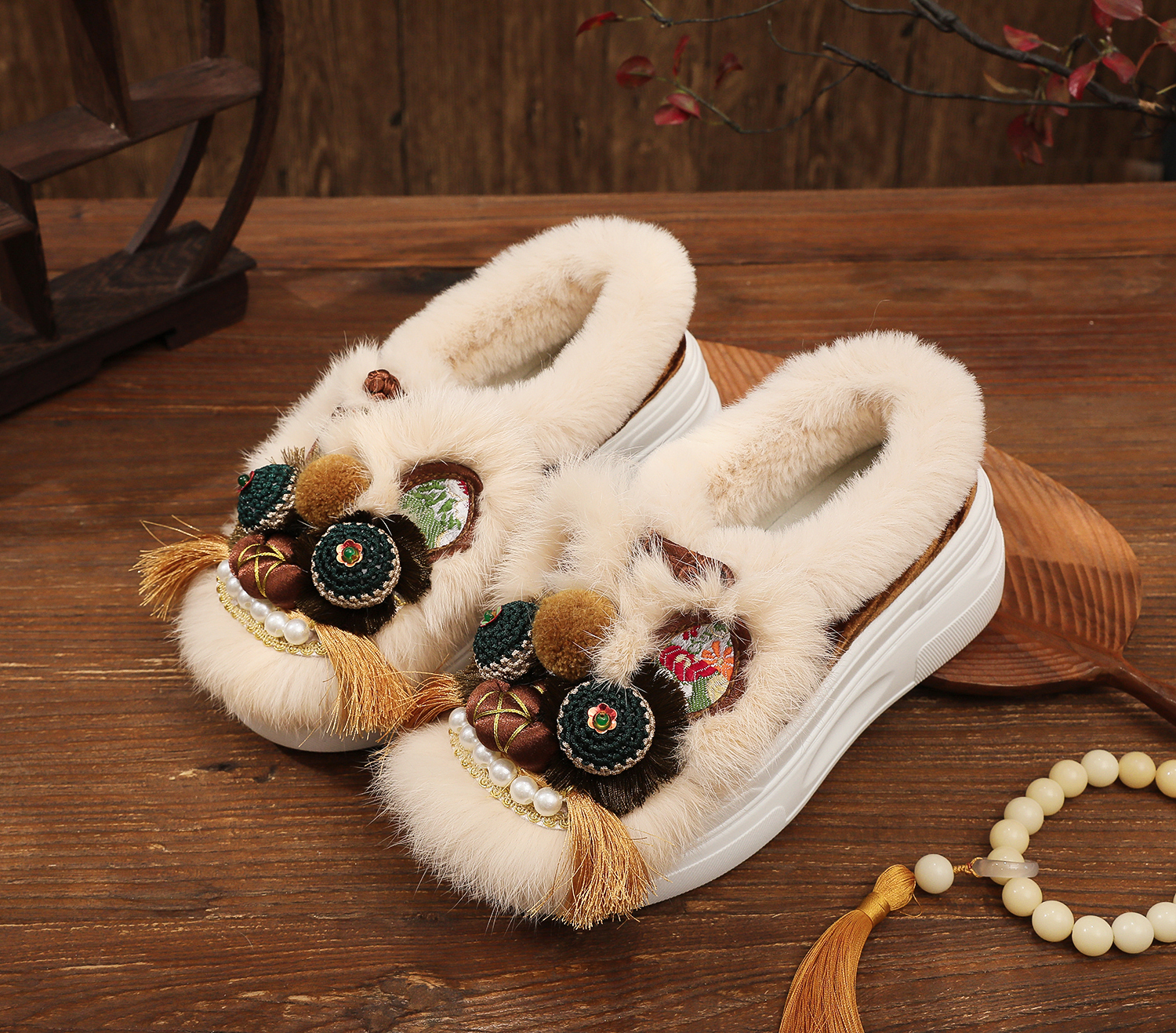 【厚底-棉鞋】【生万物】浅口一脚蹬国风刺绣手工透气百搭包头虎头鞋