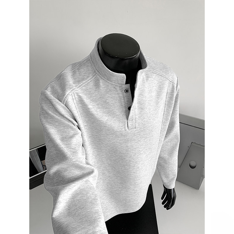 亨利领polo衫长袖t恤男款秋季拼接重磅无帽卫衣正肩白灰色打底衫