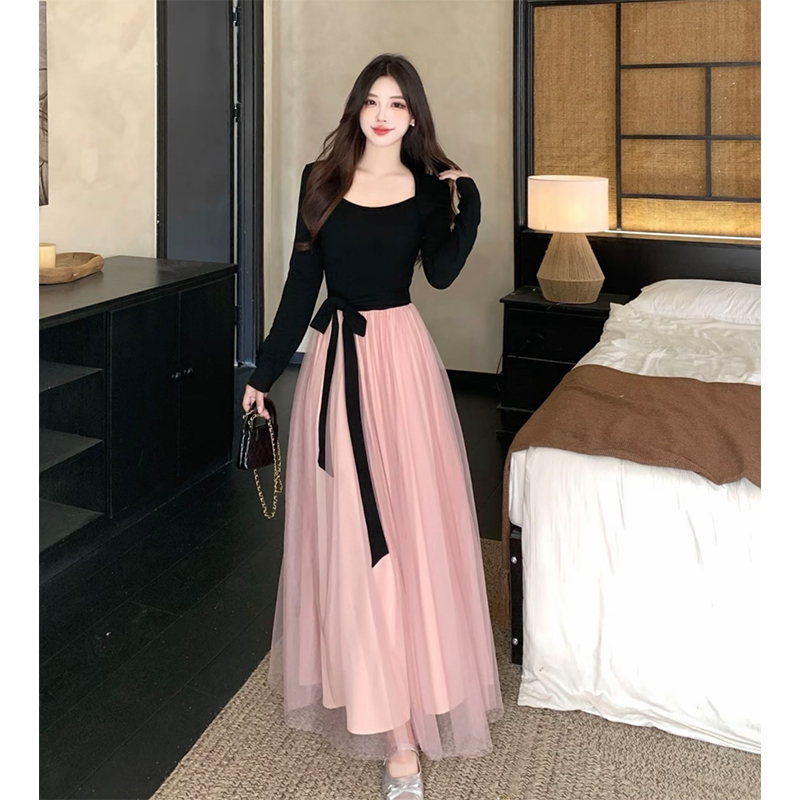 【干枯玫瑰】韩系高智感法式千金感撞色拼接收腰显瘦气质连衣裙8112