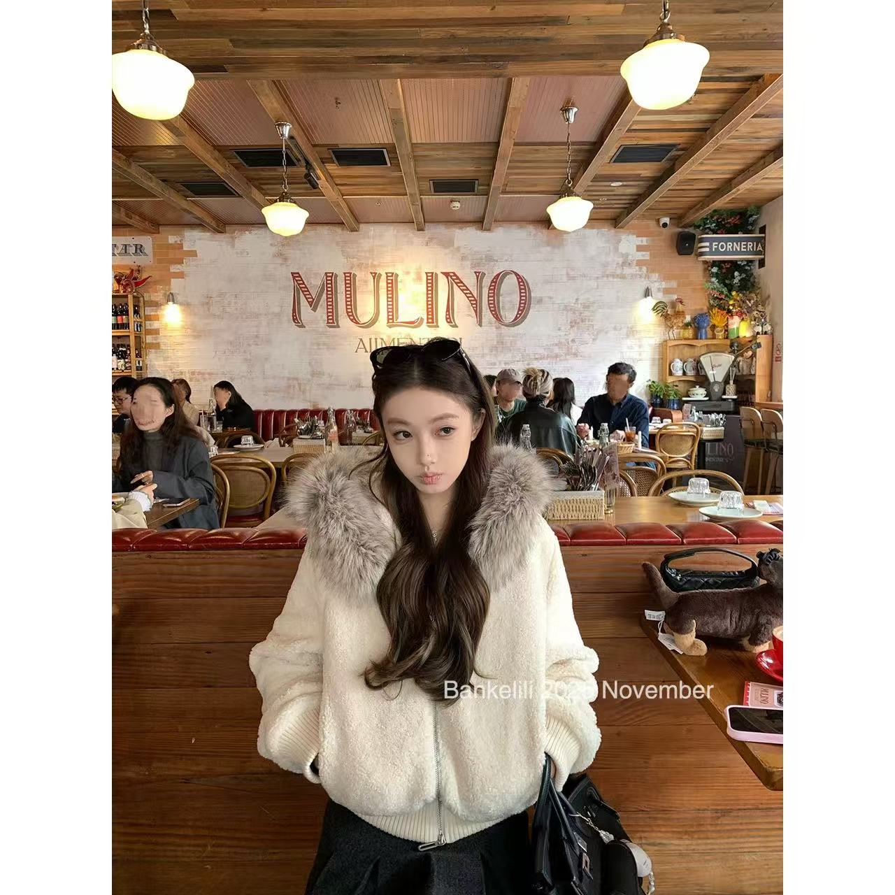 羊羔毛外套女秋冬慵懒风毛领连帽加厚夹棉韩系宽松保暖棉服7799