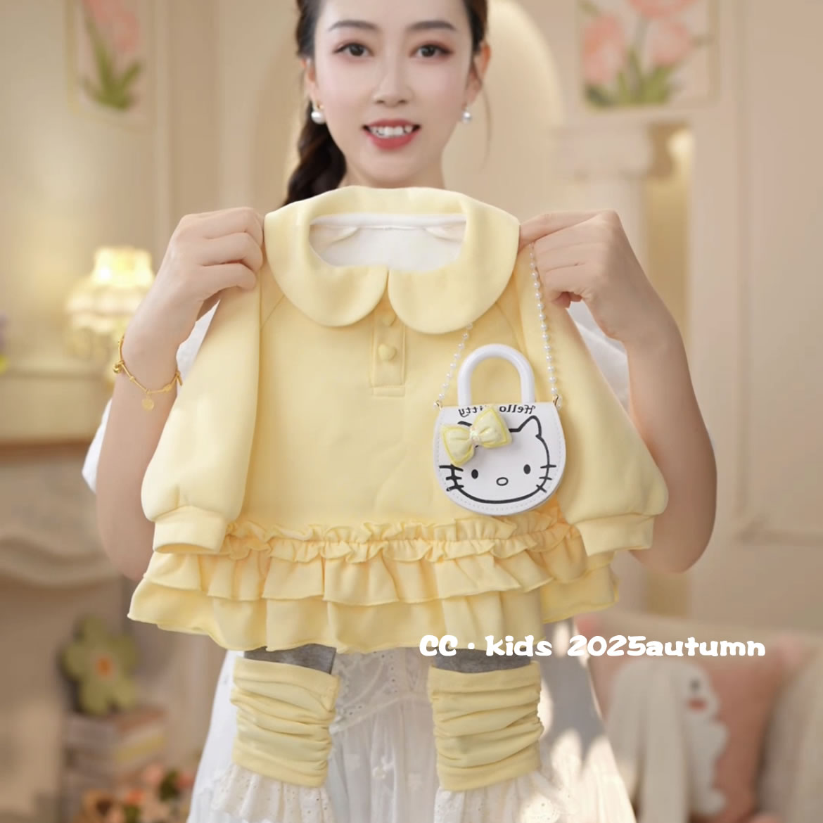 儿童装女童秋季新品女宝宝甜美花边娃娃领卫衣+花边裤套装25837