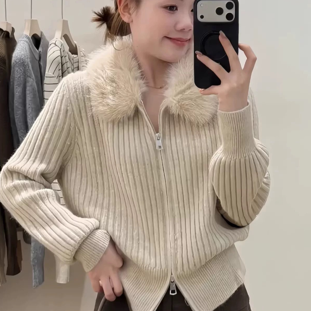 秋冬大毛领拉链针织开衫女韩版时髦宽松收腰百搭坑条长袖毛衣外套