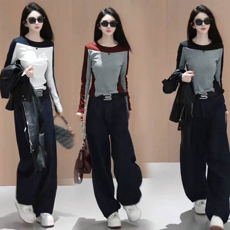韩版撞色时尚套装秋季显瘦长袖t恤高腰垂感牛仔裤子显瘦两件套装