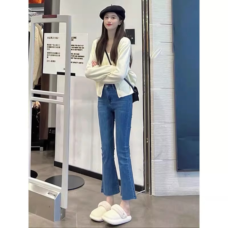 复古微喇叭牛仔裤女2025新款春秋小个子弹力修身显瘦九分微喇裤子