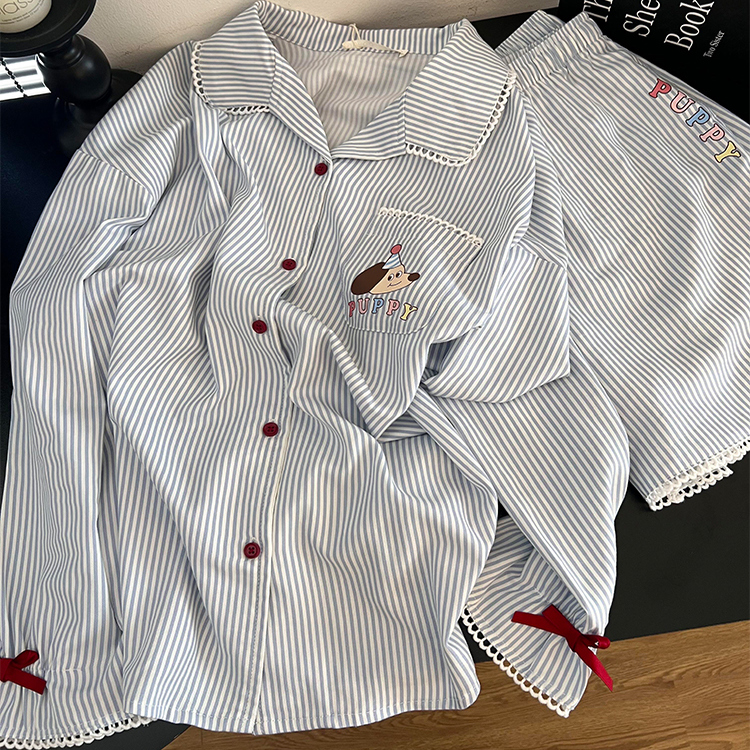 休闲少女感时尚简约条纹睡衣女2025早秋可爱印花长袖短裤家居服