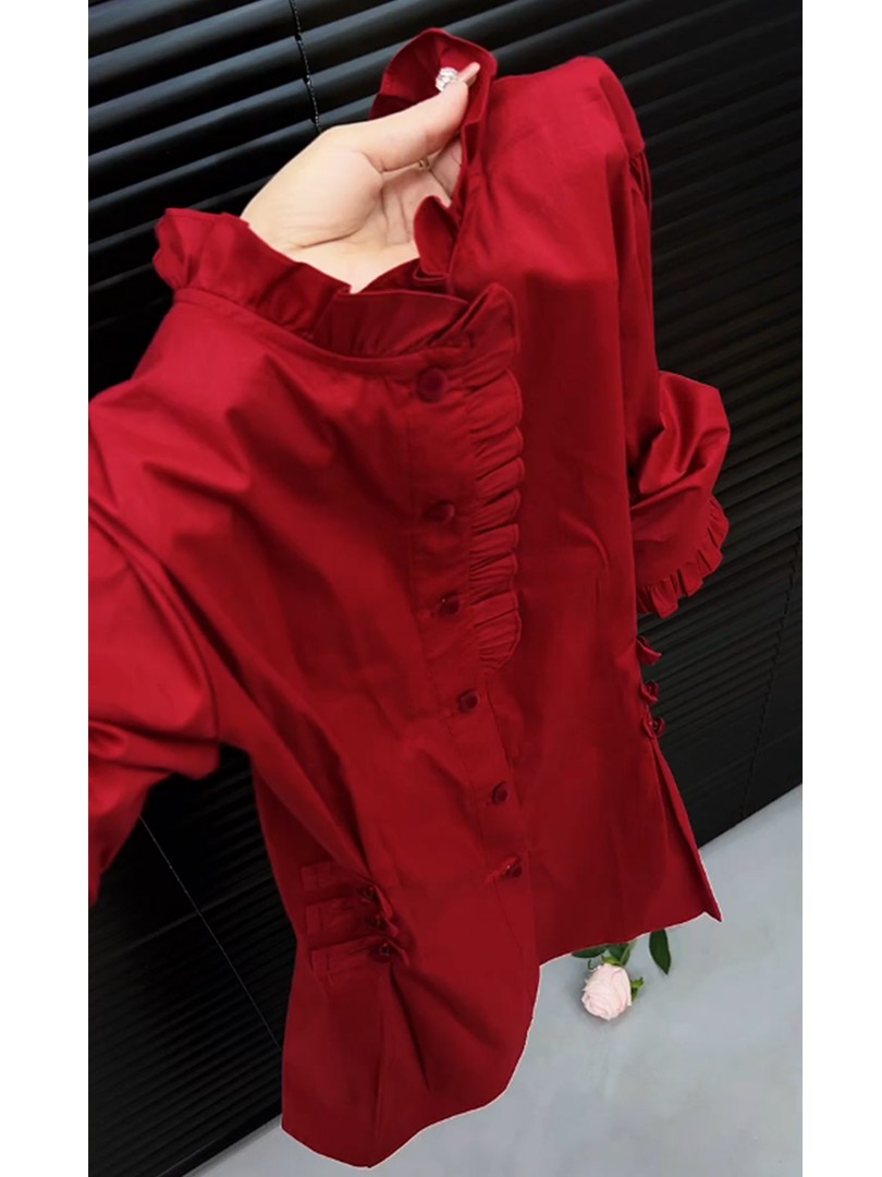 2025冬季爆款红色衬衫女木耳边修身显瘦复古国风气质百搭针织毛衣