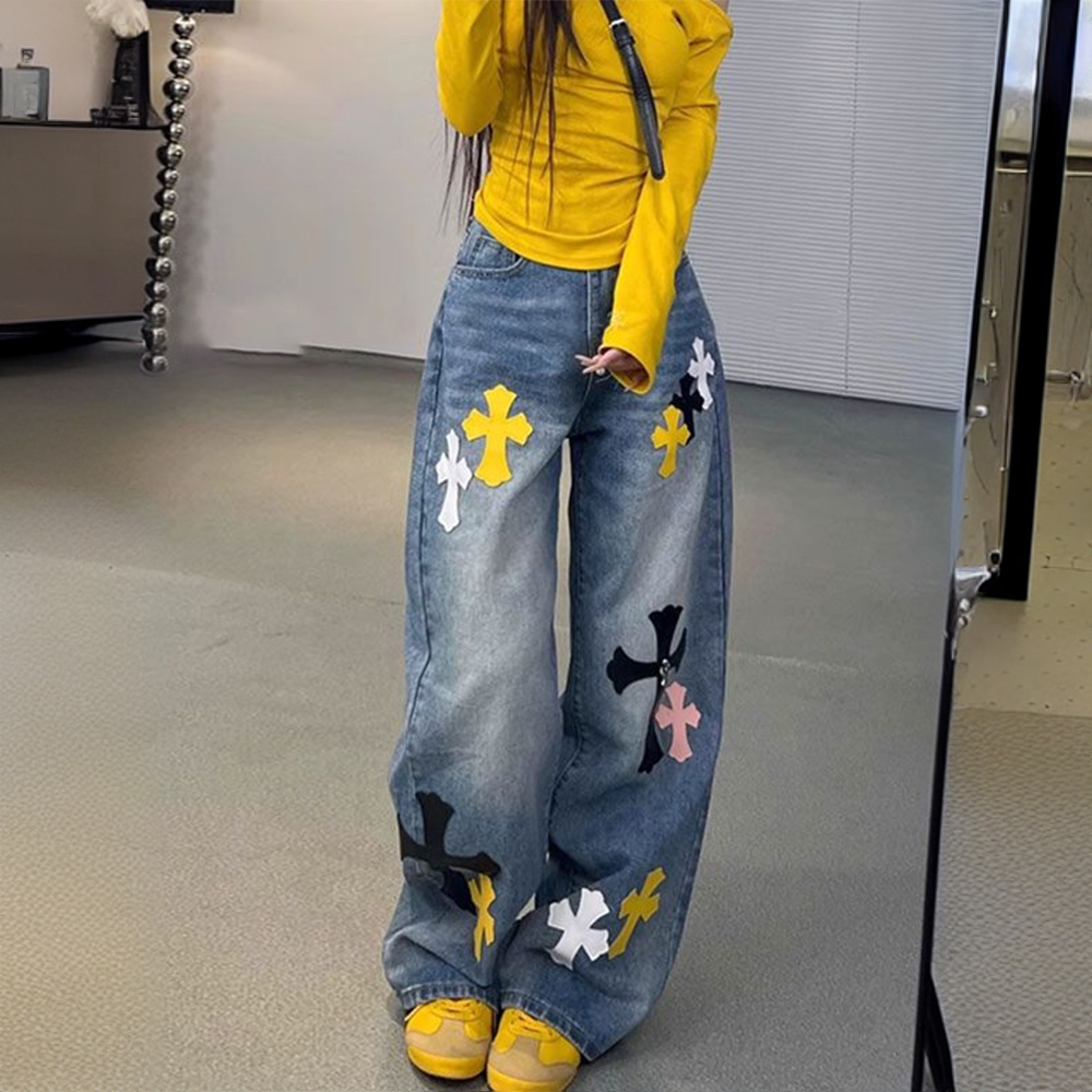 大码胖mm重工十字架刺绣直筒牛仔裤美式辣妹裤子女高腰显瘦阔腿裤