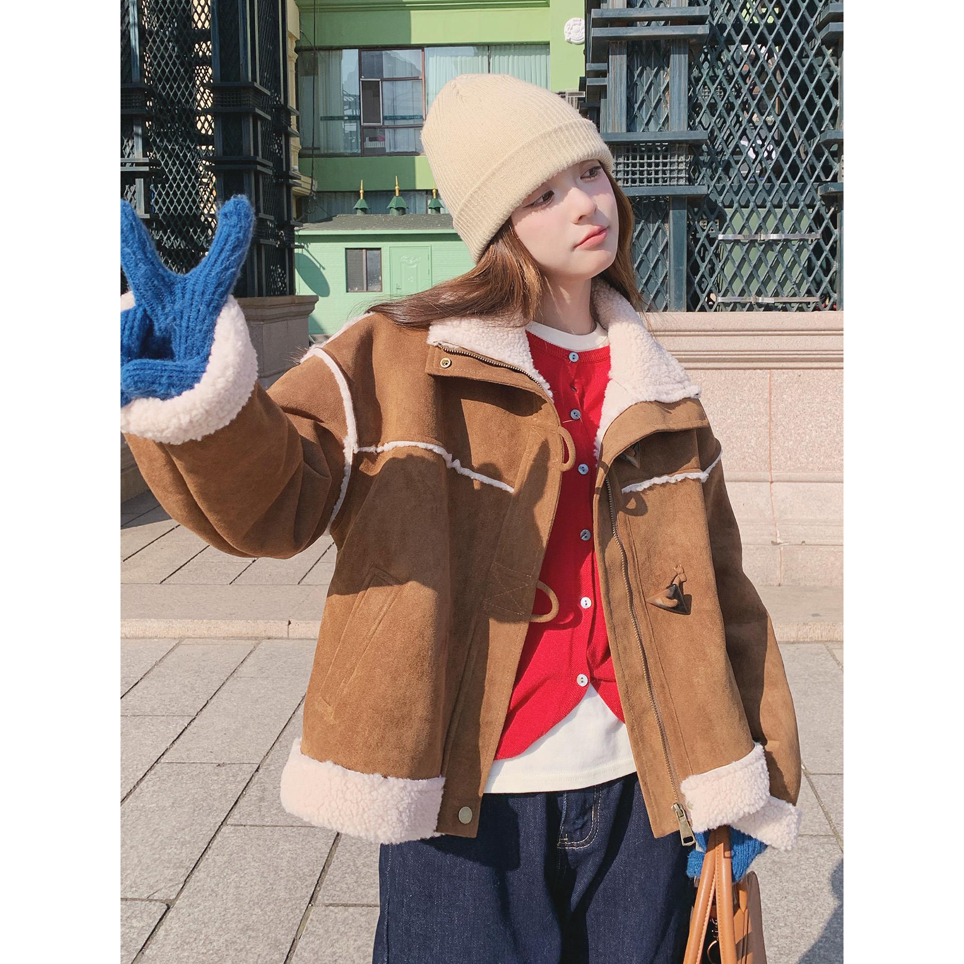 咖色仿麂皮绒仿外套女2025冬季新款小个子皮毛一体加厚保暖服