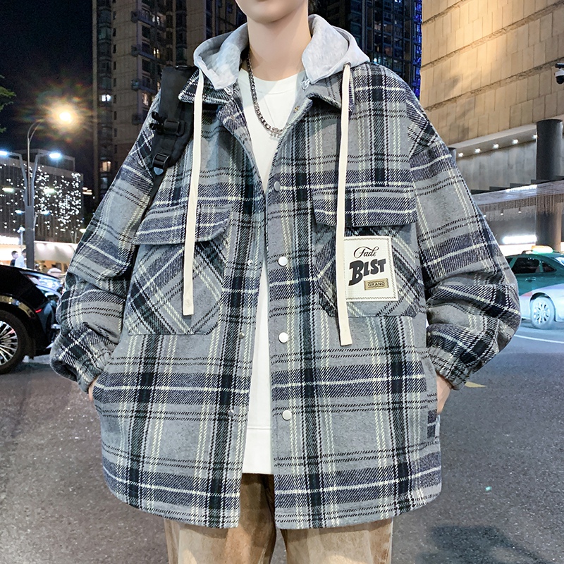 春秋新款美式长袖开衫夹克潮流宽松休闲格子可脱卸连帽男生外套