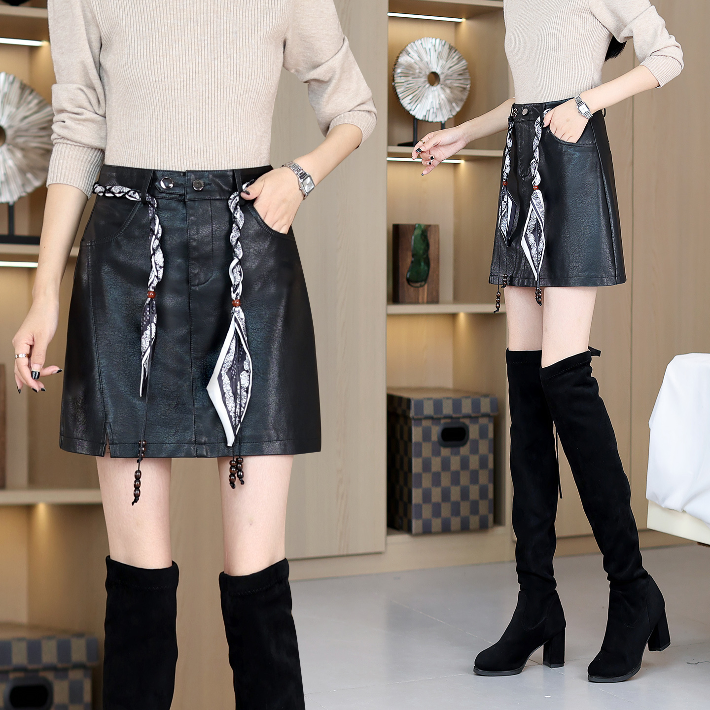2025秋冬皮短裙黑色常规短裙百搭高腰时尚半身裙设计感包臀裙