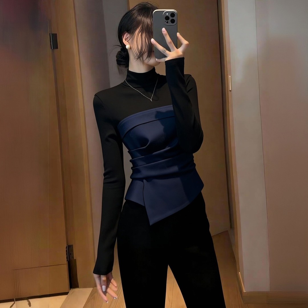 时尚通勤简约风假两件圆领T恤春季新款藏蓝色拼接收腰显瘦打底衫
