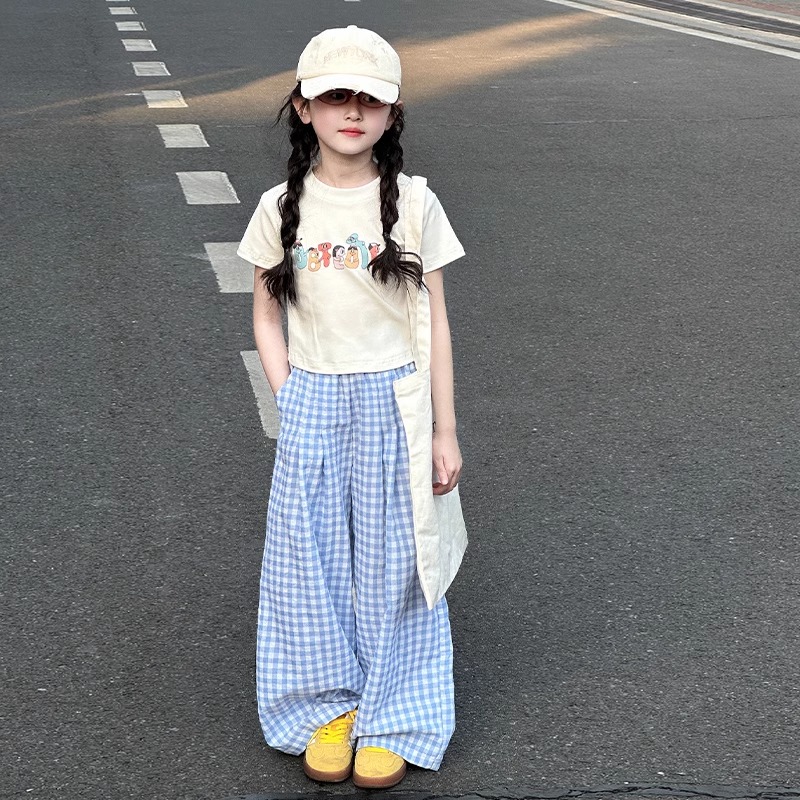 女童夏装套装2025新款儿童洋气夏季大童女孩短袖t恤阔腿裤两件套