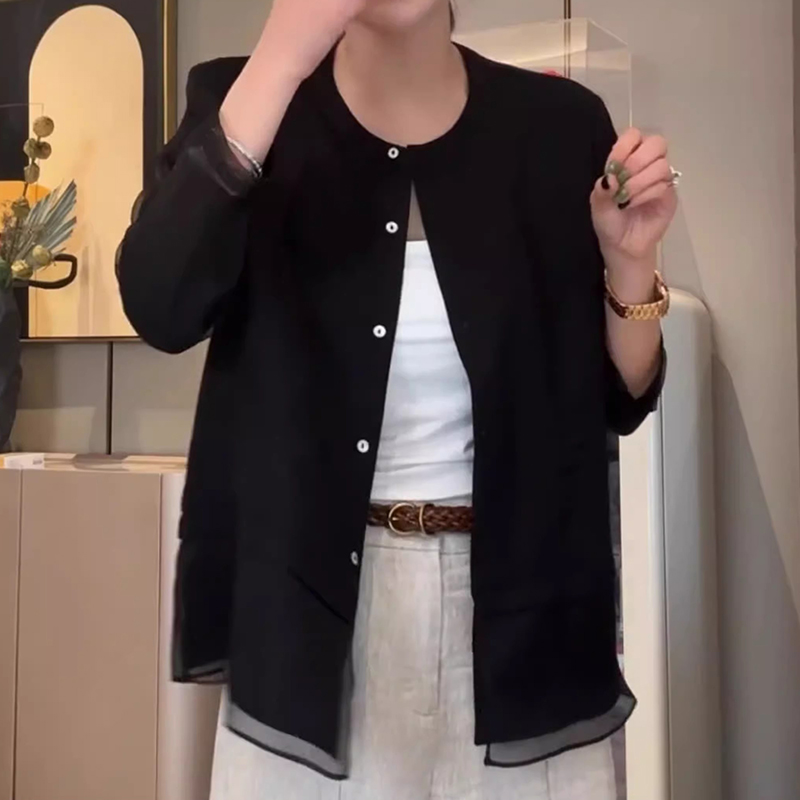 韩版慵懒风外套拼接网纱开衫女新款减龄显瘦遮肉单排多扣宽松上衣