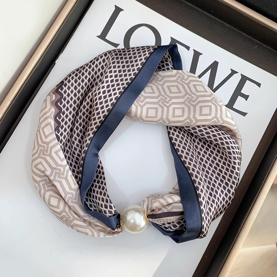 复古珍珠磁吸扣真丝领巾女丝巾春秋季装饰锁骨链丝绸围巾洋气百搭