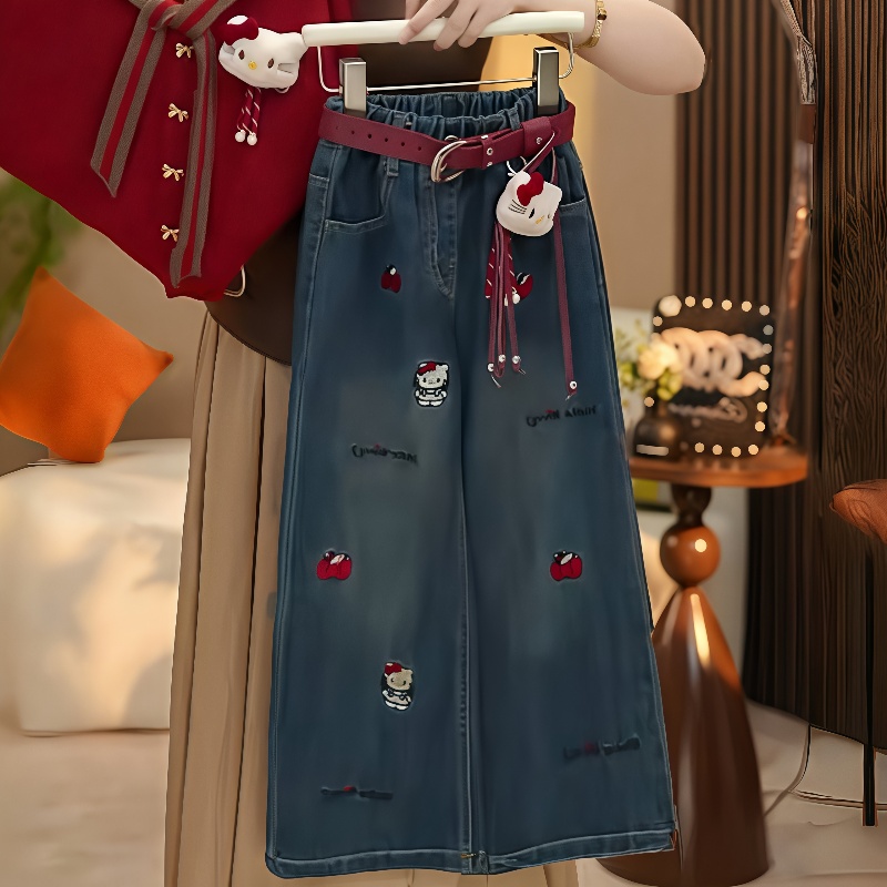 女童KT猫套装春秋季2025新款儿童毛衣外套女孩秋装牛仔裤两件套潮