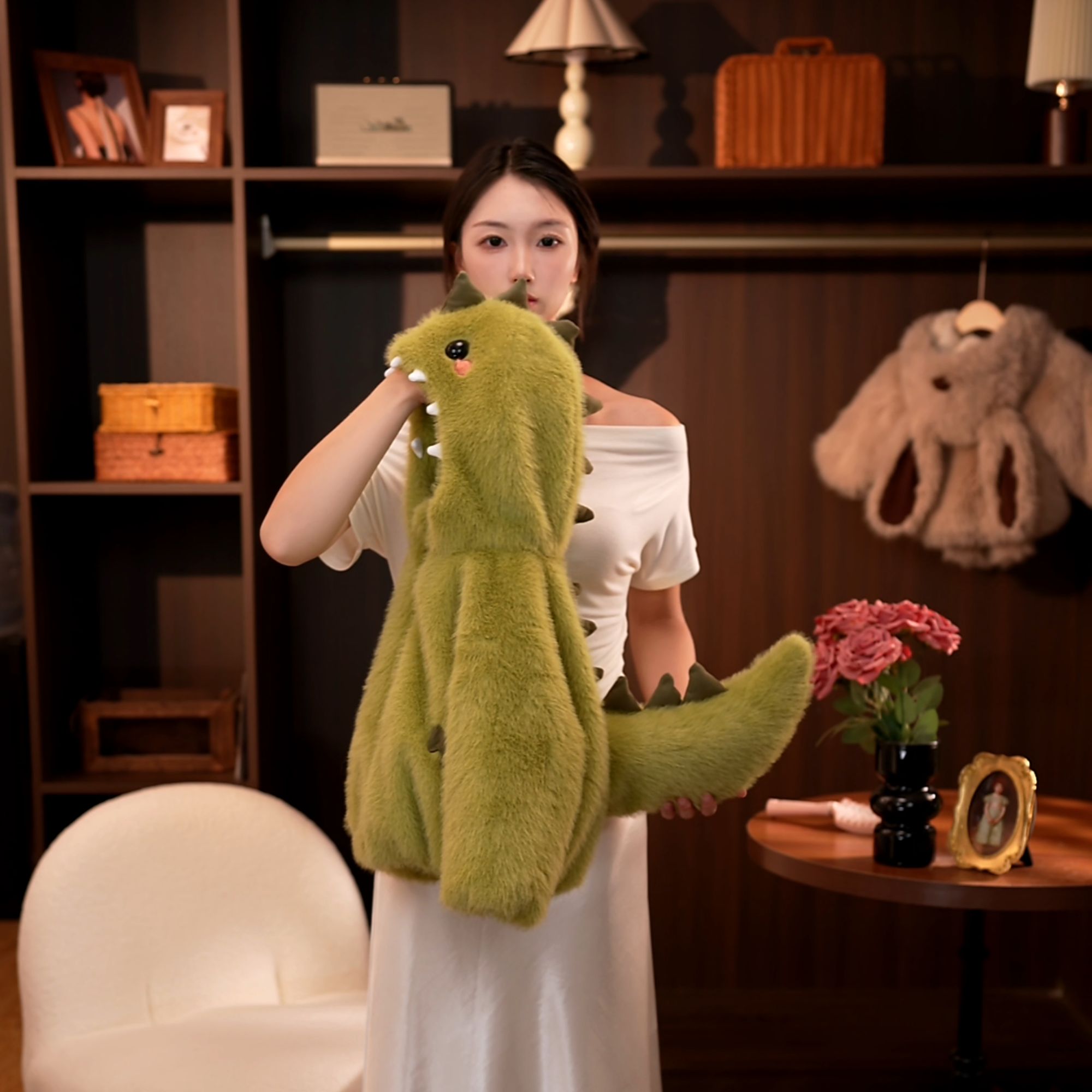 女童加绒加厚外套秋冬季2025新款洋气大尾龙恐龙可爱保暖毛毛外套