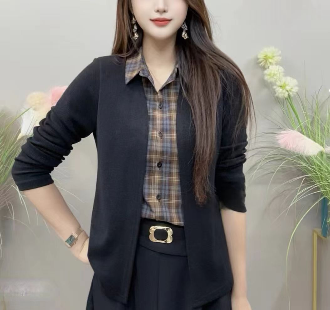 2025秋季上新假两件纯色外搭经典格子内衬气质百搭衬衫