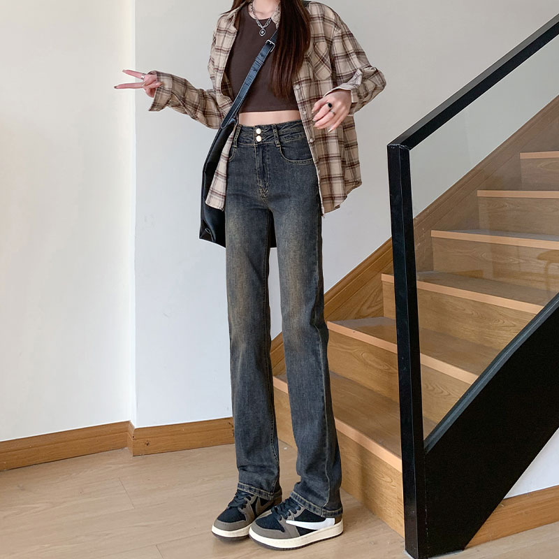 水泥灰窄版直筒牛仔裤女春秋2025新款高腰显瘦弹力百搭烟管裤子