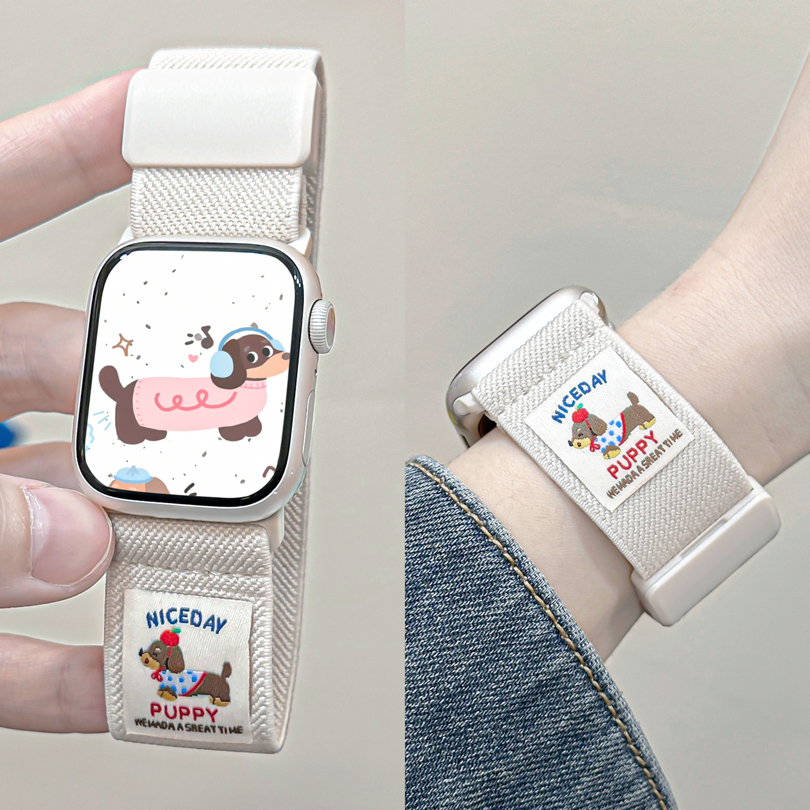 插画腊肠狗适用oppowatch3/X/2/4/3pro/S手表表带磁吸编织尼龙夏