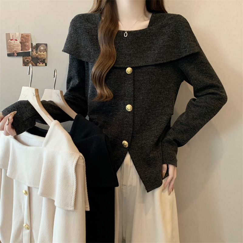 大码女装2025初秋新款遮肚子显瘦不规则一字肩上衣针织打底衫8178